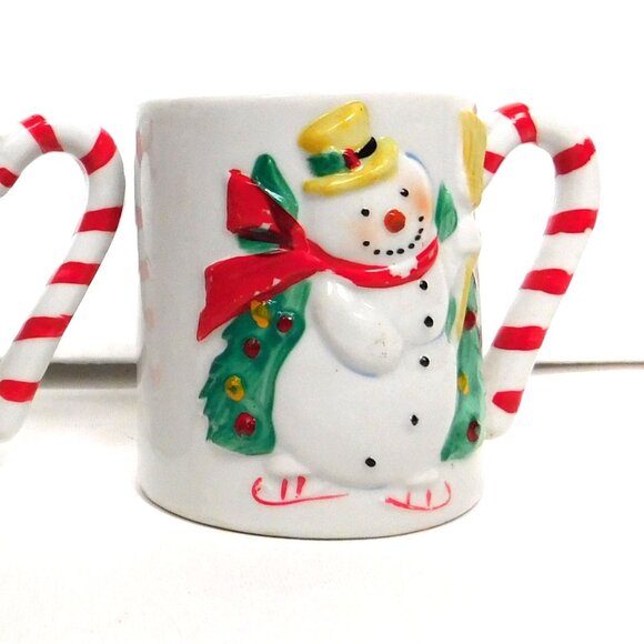 Santa Mugs Set of 2 JSNY Taiwan Candy Cane Handles 3-D Ceramic Hand Painted - Picture 8 of 8